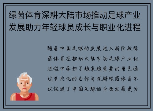 绿茵体育深耕大陆市场推动足球产业发展助力年轻球员成长与职业化进程