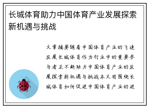 长城体育助力中国体育产业发展探索新机遇与挑战